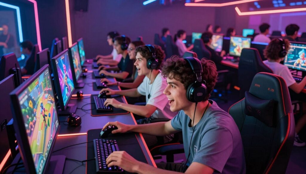 A dynamic and colorful digital artwork representing a thrilling gaming scene that captures the essence of high-revenue games of the year. In the foreground, a diverse group of gamers, men and women, dressed in casual yet stylish clothing, are intensely focused on playing video games, their expressions filled with excitement and determination. The middle ground features large, high-tech gaming consoles and vibrant screens displaying popular game graphics, illuminated by vivid neon lights. The background depicts a bustling gaming arena filled with spectators, creating an energetic and competitive atmosphere. The lighting is bright and colorful, enhancing the mood of enthusiasm and anticipation. Use a slightly angled perspective to create depth and a sense of immersion in this lively gaming environment. This image should reflect the thrill and community surrounding high-earning games in the gaming industry.