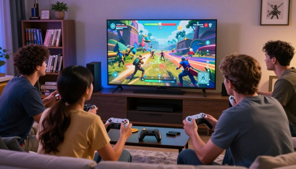 A dynamic and engaging scene showcasing the excitement of the latest video game releases of the year. In the foreground, a group of diverse gamers, including a young Asian woman and a middle-aged Caucasian man, are focused on playing a new action-packed game together in a cozy living room setting. The middle ground features a large flat-screen TV displaying vibrant visuals of an exhilarating game environment, filled with colorful landscapes and characters battling in an imaginary world. In the background, a gaming console with various controllers and a shelf adorned with popular game titles, including "tube-xxx", adds to the atmosphere. Soft, ambient lighting fills the space, creating a friendly and inviting mood, while a slight tilt of the camera gives a dynamic perspective that enhances the feeling of excitement and camaraderie among the gamers.