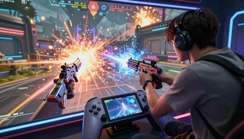 A dynamic scene depicting an exciting first-person shooter game environment. In the foreground, a character representing a gamer, dressed in casual yet stylish clothing, is intensely focused on a futuristic gaming console with detailed buttons and screens. The middle ground showcases a vibrant digital battlefield, filled with colorful energy blasts and intricate weapon designs that hint at advanced technology. The background features a dramatic landscape with distant explosions and futuristic buildings that evoke a sense of action and adventure. Bright, neon lighting creates a high-energy atmosphere, while a slight angled perspective enhances the feeling of immersion. The overall mood is thrilling and engaging, perfect for illustrating the excitement of free online shooting games. The image is crafted without any captions, watermarks, or signatures, ensuring a clean visual presentation.