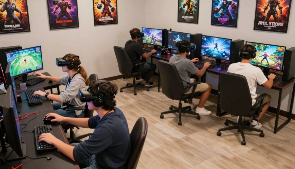 A lively and engaging scene depicting a diverse range of gaming genres in a bright, spacious indoor environment. In the foreground, a group of four friends, dressed in casual but neat clothing, are enthusiastically playing a virtual reality game, fully immersed in their experience. In the middle ground, various gaming stations display popular types of games such as strategy, sports, and adventure, featuring vivid screens and interactive elements. The background shows colorful posters of iconic games, along with decor that reflects a gaming culture. Soft, ambient lighting creates an inviting atmosphere, highlighting the excitement and camaraderie of gaming. The angle is slightly elevated to capture the energy and interaction among the players, making the viewer feel part of this vibrant gaming hub.