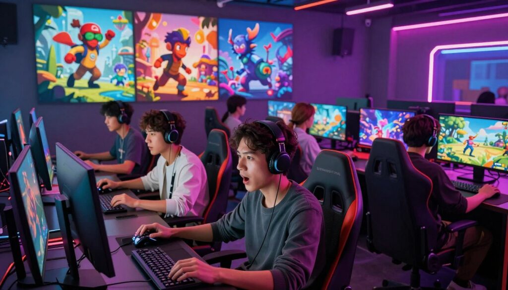 A vibrant and dynamic digital illustration showcasing the essence of popular online games in 2023. In the foreground, a diverse group of gamers, dressed in casual, professional clothing, are intently focused on their consoles and computers, with expressions of excitement and determination. In the middle ground, colorful and engaging elements from various trending games are depicted, like avatars, futuristic landscapes, and fantasy creatures, all seamlessly blending together to represent different genres. In the background, a neon-lit gaming lounge setting enhances the atmosphere, filled with multi-screen setups and vibrant LED lights casting a soft glow. The overall mood should be energetic and lively, capturing the thrill of online gaming culture. Use a wide-angle lens to encompass the scene, with dramatic lighting highlighting key features, giving depth to the image. Exclude any text, logos, or watermarks.