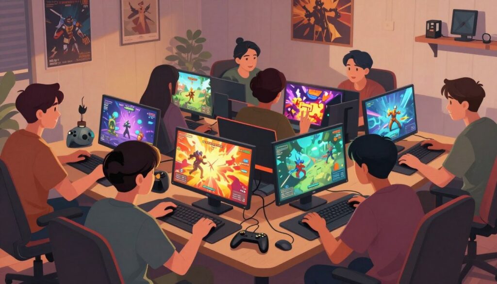 A vibrant and dynamic illustration depicting the excitement of online gaming in Thailand. In the foreground, a diverse group of young adults, dressed in casual and professional attire, are enthusiastically engaged with their laptops and gaming consoles, showcasing a mix of concentration and enjoyment. The middle layer features colorful game graphics on their screens, representing popular genres like action, adventure, and puzzle games, radiating energy and fun. The background is a cozy room filled with soft lighting and gaming memorabilia, such as posters and collectibles, creating an inviting atmosphere. Use warm colors to evoke a sense of community and engagement, captured from a slight overhead angle to emphasize the gamers' expressions. Ensure that there are no captions or watermarks in the image. The scene embodies the growing popularity of online gaming in Thailand.