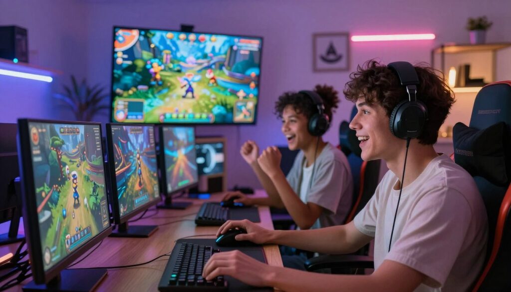 A vibrant and engaging scene depicting a diverse group of players deeply immersed in an online gaming environment. In the foreground, two young adults, one male and one female, are joyfully collaborating on a fantasy game, both dressed in casual, comfortable clothing. The middle ground showcases a colorful display of various digital game elements, such as character avatars and magical landscapes, with a bright, dynamic interface glowing around them. The background features a cozy gaming room, illuminated by soft, ambient lighting from LED strips, creating an inviting atmosphere. Capture this moment from a cozy angle, highlighting the players' expressions of excitement and concentration, emphasizing the fun and creativity of online gaming experiences. The image should convey a sense of community and enjoyment among gamers.