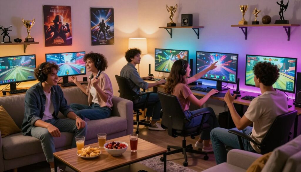 A vibrant and engaging scene depicting a group of diverse young adults, aged 20 to 30, sitting in a cozy, modern living room, fully immersed in a multiplayer online game. They are wearing casual yet stylish clothing, with expressions of excitement and camaraderie as they play together around a large, sleek gaming setup, complete with multiple monitors displaying colorful gaming graphics. The foreground features a coffee table with snacks and drinks. In the middle, glowing ambient lights dynamically change around them, enhancing the lively atmosphere. The background contains shelves adorned with gaming trophies and posters of popular video games. The overall mood is energetic and fun, highlighting the social benefits of gaming. Soft, warm lighting creates an inviting atmosphere, captured with a slight depth of field for a professional look. No text or distractions present.