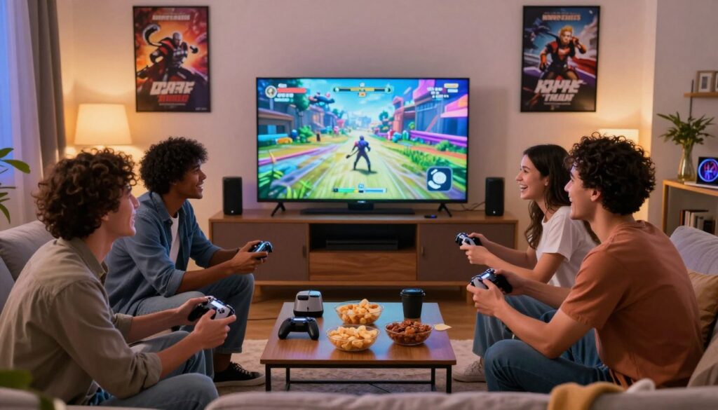 A vibrant and inviting gaming atmosphere set in a cozy living room. In the foreground, a diverse group of four friends of different ethnicities, dressed in casual but neat clothing, are enthusiastically playing video games together, smiling and laughing. The middle of the room features a large, modern TV displaying an engaging, colorful video game scene, surrounded by gaming consoles and accessories. The background is softly illuminated by warm, ambient lighting, creating a relaxed vibe. Decorative posters of popular video games adorn the walls, and snacks are scattered on a coffee table. The overall mood is joyful and inclusive, reflecting the excitement of selecting the perfect game for enjoyment. High-quality, well-composed image, wide-angle perspective capturing the group’s camaraderie in this gaming haven.