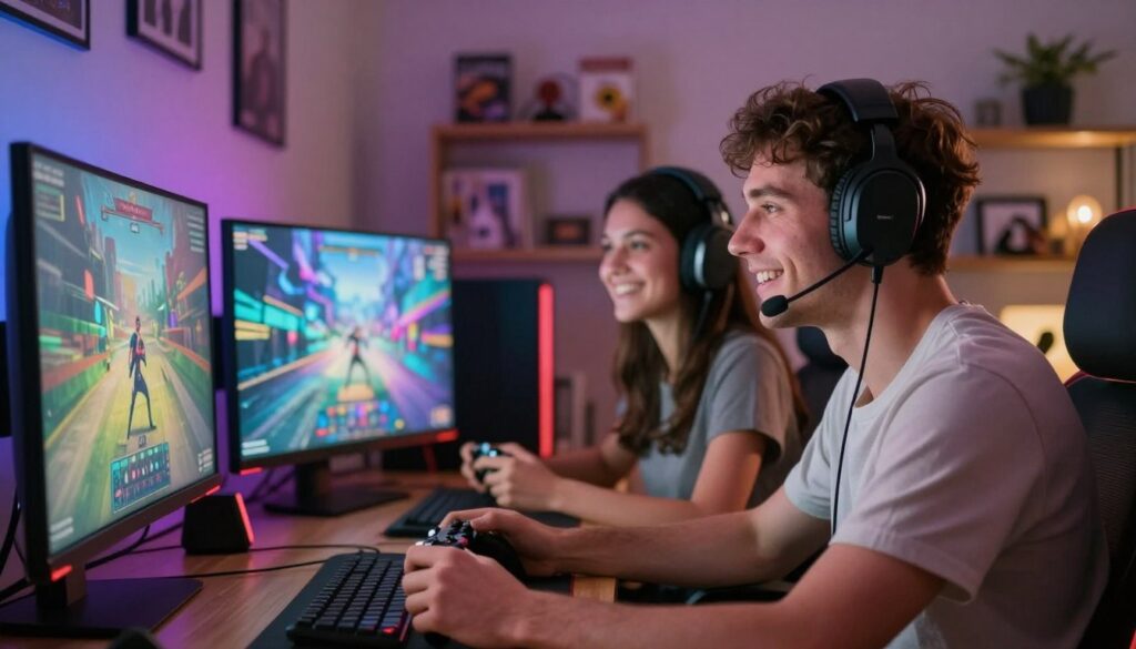 A vibrant and inviting gaming setup in a cozy room, featuring two friends, a man and a woman, both mid-20s, engaged in an enthusiastic gaming session. In the foreground, the man is wearing a stylish headset, intently focused on the screen, while the woman is smiling, holding a game controller. The middle layer showcases a large screen displaying an exciting new game with colorful graphics. The background consists of soft, ambient lighting with shelves filled with various games and collectibles. The atmosphere is joyful and relaxed, emphasizing the social and entertaining aspects of gaming. The image is well-lit, capturing the friendly interaction and excitement of the gaming experience, with a slight depth of field effect to draw focus on the players. Perfect for illustrating the benefits of playing games.