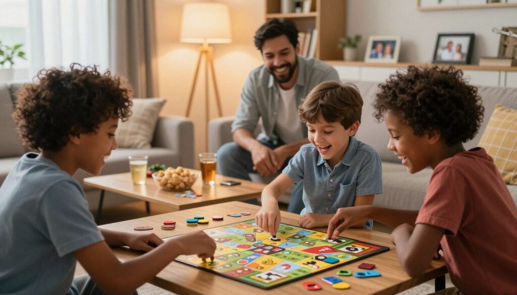 A vibrant and lively family game night in a cozy living room setting. In the foreground, a diverse family of four—parents and two children—are joyfully engaged in a board game, their expressions full of excitement and laughter. The middle ground features an inviting coffee table adorned with colorful game pieces, snacks, and drinks. In the background, warm light floods the room from a stylish lamp, casting a cozy glow, while family photos and bookshelves create a personal touch. The overall atmosphere is cheerful and inclusive, showcasing the idea of fun games that can be enjoyed by everyone, regardless of age or background. Soft focus, natural light, and a slightly elevated angle capture the warmth and connection of family time together, emphasizing unity and enjoyment.