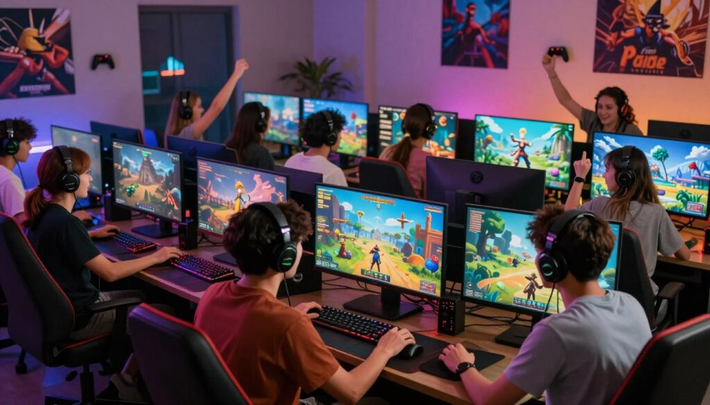 A vibrant digital scene depicting an array of online gamers engaged in various games, creating an atmosphere filled with excitement and camaraderie. In the foreground, a diverse group of individuals in casual, comfortable clothing sit at their computers, joyfully interacting with each other via headsets. Their screens glow with colorful game graphics, showcasing adventure and strategy elements. The middle section features a vivid array of gamified landscapes and animated characters, representing the immersive experience of online gaming. In the background, soft ambient lighting creates a cozy but dynamic atmosphere, with hints of gaming paraphernalia like posters and controllers adorning the walls. The focus is on capturing the enthusiasm, social connection, and entertainment value of online gaming. The entire composition conveys a sense of community, fun, and adventure without any text or watermarks.
