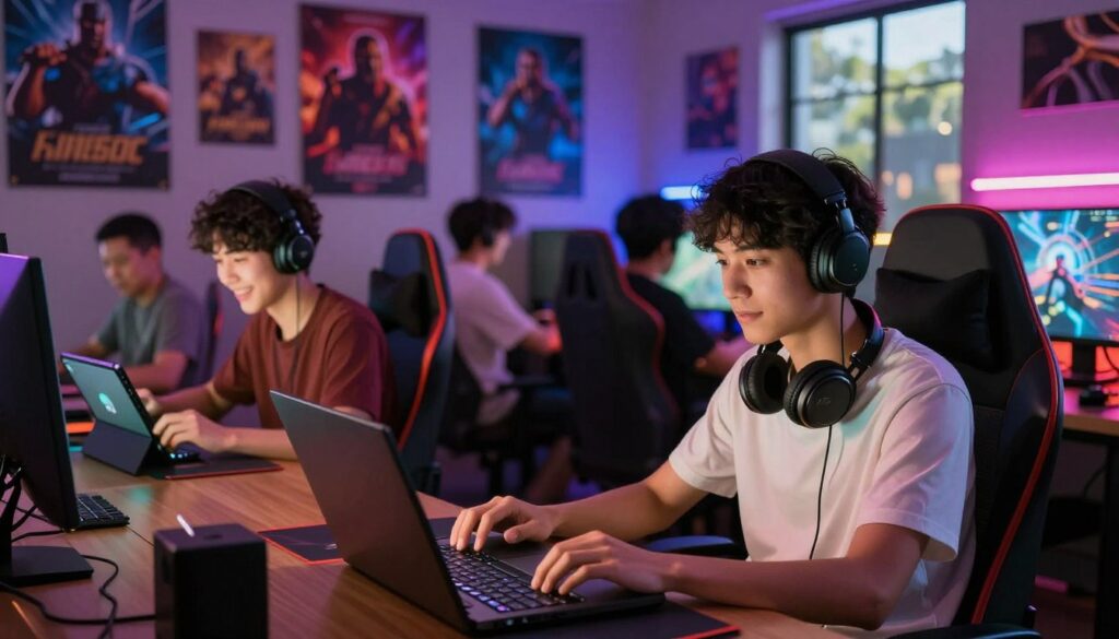 A vibrant gaming scene capturing the essence of "เกมออนไลน์," featuring a diverse group of players engaged in various online games. In the foreground, a young adult in casual attire sits at a desk, focused on their laptop, illuminated by a soft, warm glow from the screen. To the left, another person is playing on a tablet, smiling, representative of enjoyment and connectivity. The middle ground shows an array of gaming posters and colorful LED lights, creating an energetic feel. In the background, a window reveals a pleasant outdoor scene, suggesting the freedom to game anywhere. The atmosphere is lively and inviting, with dynamic lighting casting playful shadows. Emphasize a sense of fun and community while ensuring an inclusive portrayal of gamers. Detailed and in high resolution, perfect for illustrating the benefits of engaging in online games.