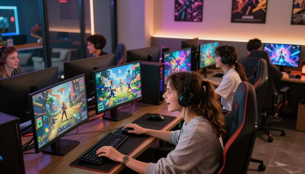 A vibrant scene depicting a diverse group of gamers engaging with various online games in a lively gaming lounge. In the foreground, two friends, one male and one female, are sitting side by side, focused on their computer screens with excitement, both dressed in casual, stylish clothing. The middle ground features multiple screens displaying different game genres, including fantasy, adventure, and puzzle games, glowing with colorful graphics. The background reflects a modern gaming environment, with LED lights illuminating the room, cozy seating, and gaming posters on the walls. Soft, ambient lighting creates a welcoming atmosphere, encouraging camaraderie and exploration in gaming. The overall mood is energetic and inspiring, capturing the essence of the gaming community. High-definition clarity, shot from a slightly elevated angle to encompass the entire space.