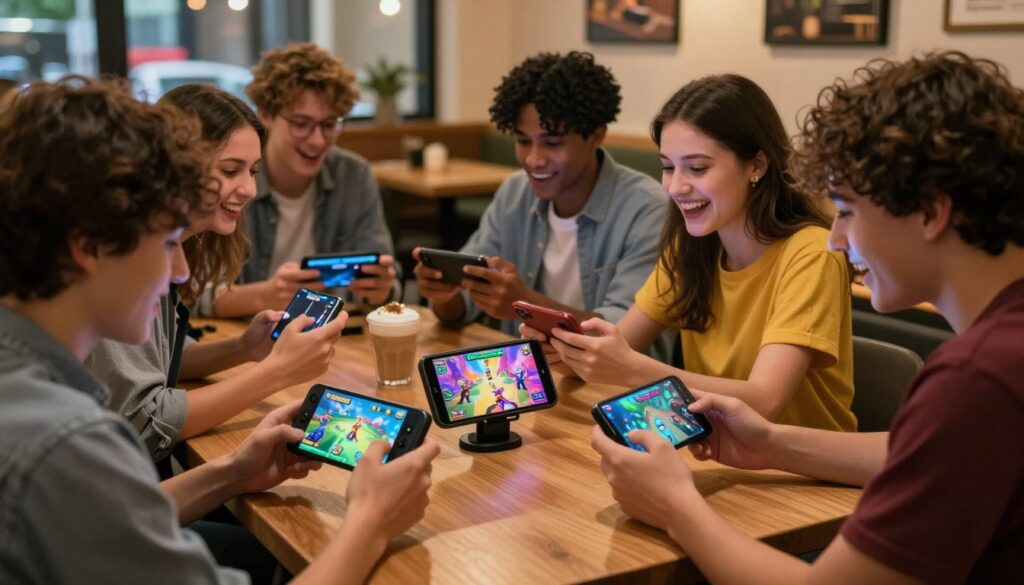 A vibrant scene depicting a mobile gaming experience, focusing on a young adult enthusiast engaged in gameplay on their smartphone. In the foreground, a diverse group of friends, each in casual clothing, are seated around a cozy coffee shop table, deeply immersed in their devices, showcasing excitement and joy. The middle ground features colorful smartphone screens illuminated by soft light, displaying popular mobile game graphics with vivid colors and engaging characters. In the background, the ambiance of the coffee shop comes alive with warm lighting, wooden furniture, and subtle decor. The atmosphere is lively and social, capturing the essence of online gaming culture. The composition is framed with a slight angle that emphasizes the camaraderie among players, creating an inviting and energetic mood. The image evokes the thrill of playing “tube-xxx” style games together.