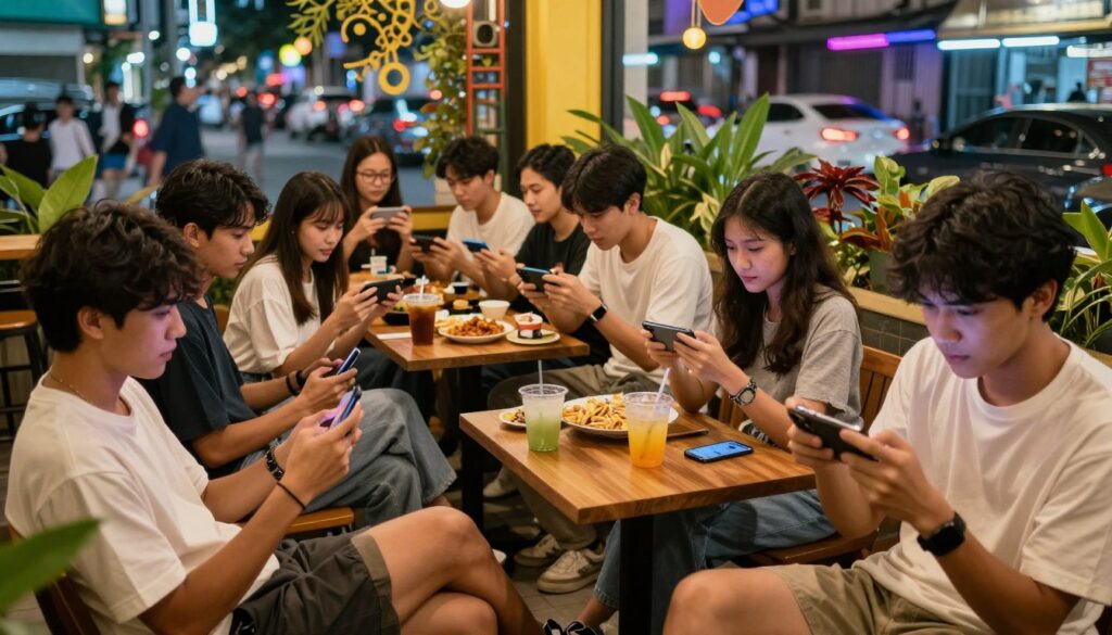 A vibrant scene depicting popular mobile gaming in Thailand. In the foreground, a diverse group of young adults, dressed in casual but modest attire, are engrossed in playing various mobile games on their smartphones. They sit in a lively café setting adorned with colorful decor and plants. In the middle ground, tables are filled with snacks and drinks, adding to the atmosphere. The background reveals a bustling city street with neon lights, capturing the energy of urban life. The image should have warm, inviting lighting, creating a sense of excitement and camaraderie among gamers. Use a dynamic angle to give depth and make the scene feel immersive. This artwork showcases the essence of mobile gaming culture in Thailand, focusing on enjoyment and connection.