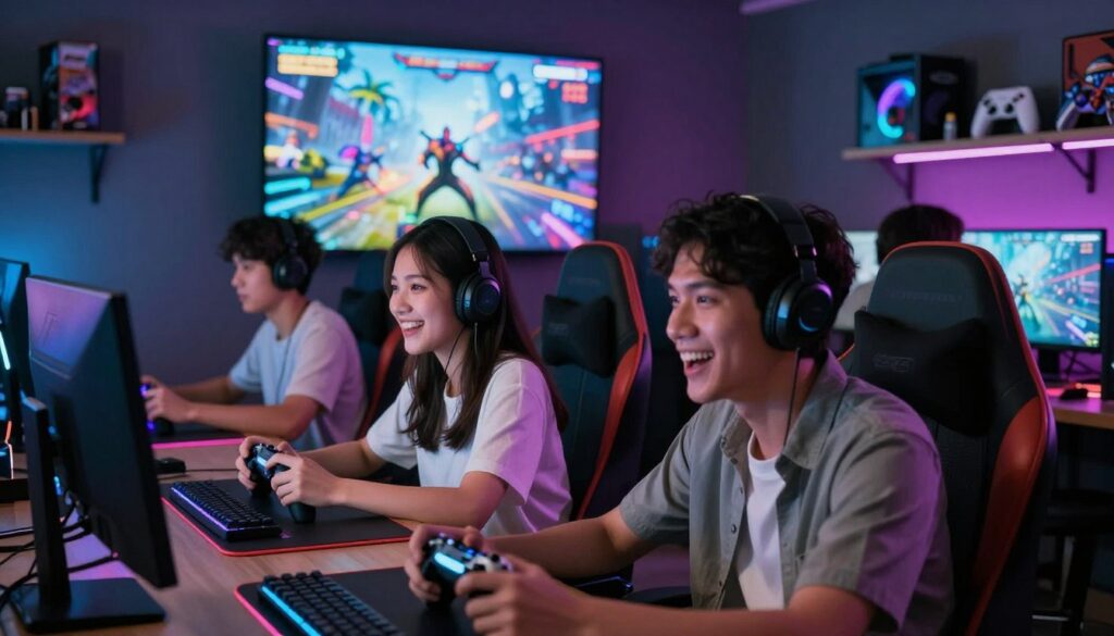 A vibrant scene depicting popular online games, with a focus on a diverse group of players engaged in gaming. In the foreground, two enthusiastic gamers, a young Thai woman and a man, both dressed in casual yet modest clothing, joyfully gaming on their consoles, surrounded by colorful LED lights. In the middle ground, a large virtual screen displays iconic elements from well-known games, showcasing action-packed graphics. The background features a modern gaming room with shelves filled with gaming merchandise. Soft, ambient lighting creates an immersive gaming atmosphere, with a focus on excitement and camaraderie. The image captures the essence of online gaming culture in Thailand, inviting viewers into a world of entertainment and community.