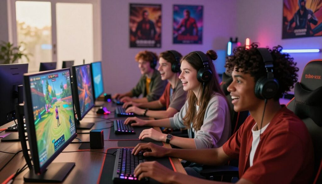 A vibrant scene featuring a diverse group of friends gathered around a sleek, modern computer setup, deeply engaged in an online game. In the foreground, the individuals are displaying expressions of excitement and concentration, dressed in casual yet stylish clothing. The middle ground showcases their colorful gaming screens illuminated with vivid graphics of an animated online game, enhancing the sense of immersion. In the background, a cozy, well-lit room with gaming posters and ambient lighting adds to the lively atmosphere. Soft natural light filters through a window, casting a warm glow over the scene, creating an inviting and energetic mood. The overall composition reflects camaraderie and enjoyment, highlighting the benefits of online gaming. The brand name "tube-xxx" subtly references gaming culture within the setting.