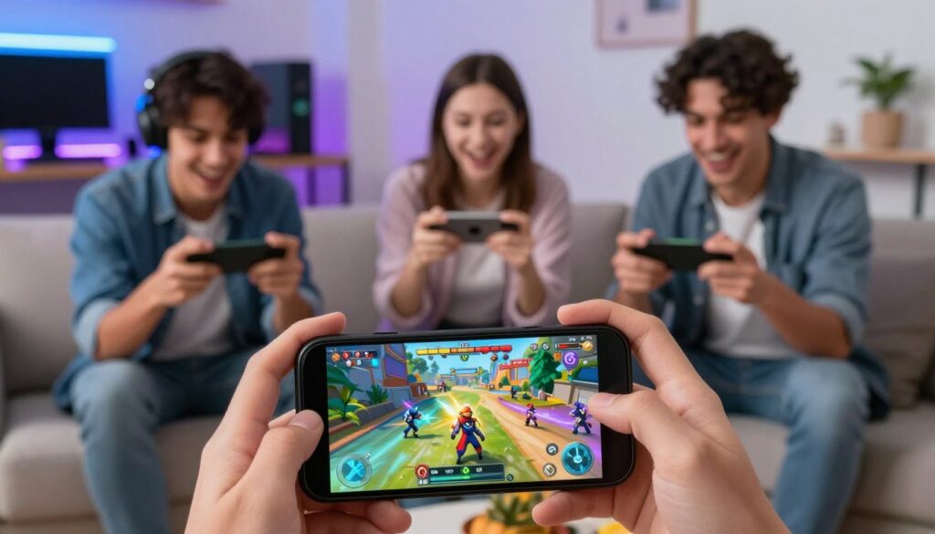A vibrant scene showcasing a mobile gaming experience, emphasizing a diverse group of young adults engaged in gameplay. In the foreground, a close-up of a smartphone displaying an action-packed game, with colorful graphics and dynamic characters. The middle ground features a group of three friends, casually dressed in a cozy living room, focused on their devices, with expressions of excitement. The background includes a stylish gaming setup with ambient LED lights illuminating the space, creating a lively atmosphere. The lighting is soft yet bright, embodying a fun and engaging mood. Capture this moment from a slightly elevated angle, allowing the viewer to feel part of their gaming world while highlighting the essence of mobile gaming today. Blend in elements that reflect captivating game genres like adventure and strategy, without any text or logos, ensuring a professional aesthetic.