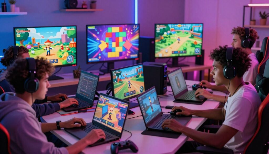 An engaging digital scene depicting a vibrant online gaming experience. In the foreground, a diverse group of three gamers enthusiastically interact with their online games on laptops and gaming consoles, showcasing their focused expressions. Each person is dressed in casual, modern clothing, representing different backgrounds. The middle ground features colorful screens displaying various genres of games, such as an adventure game, a puzzle game, and a sports game, with excited graphics and dynamic action. In the background, a cozy room environment with ambient lighting creates an inviting atmosphere, accented by LED lights that give a futuristic feel. The overall mood is fun and energetic, inviting viewers to immerse themselves in the world of gaming.